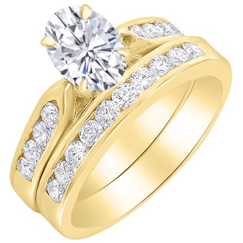 Houston Diamond District 1 to 6 CT Oval Shape Lab Grown Diamond Bridal Set | 14K White Gold Engagement Ring and Wedding Band Set Jewelry for Women in Solid Gold AAAA Heirloom Quality - color: 14K Yellow Gold, size: 5