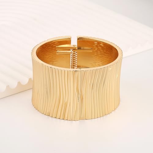 HZMAN Chunky Gold Cuff Bracelets for Women Thick Wide Bangle Bracelet Hammered Open Hinge Wrist Cuff Bracelet Jewelry Gift - color: 07.Striped 8In Gold