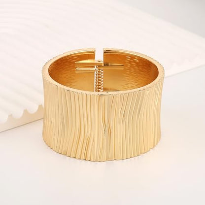 HZMAN Chunky Gold Cuff Bracelets for Women Thick Wide Bangle Bracelet Hammered Open Hinge Wrist Cuff Bracelet Jewelry Gift - color: 07.Striped 8In Gold