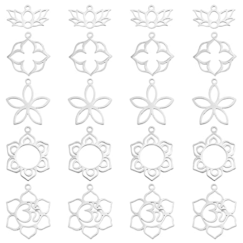 UNICRAFTALE 20pcs 5 Styles Flower Hollow Charm Open Back Bezel Pendants Stainless Steel Frame Charms Dangle Charms Yoga OM Lotus for Resin Pressed Flower Lucky Amulet Pendants for Jewelry Making | Stainless Steel Laser Cut Frame With Lotus Flower Styles,R