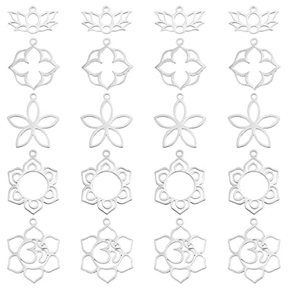 UNICRAFTALE 20pcs 5 Styles Flower Hollow Charm Open Back Bezel Pendants Stainless Steel Frame Charms Dangle Charms Yoga OM Lotus for Resin Pressed Flower Lucky Amulet Pendants for Jewelry Making | Stainless Steel Laser Cut Frame With Lotus Flower Styles,R