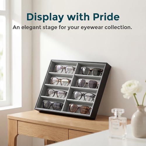 Stratalife 8 Grids Drawer Sunglasses Organizer Tray, Gray PU Velvet | Stackable Eyeglasses Storage Case with Removable Dividers, Jewelry Display Case for Necklace Bracelet, 13.78x9.5x1.2inch - color: Grey-02