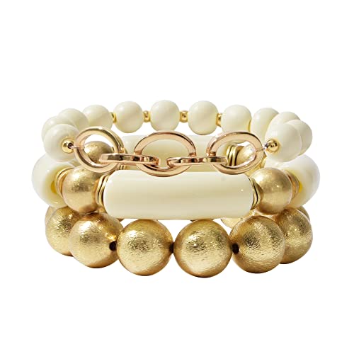 LALAPPLE Gold Plated Beaded Acrylic Bamboo Tube Bangle Bracelets for Women, Colorful Chunky Curved Tube With Gold Plated Pieces Beads Stretch Bracelet Friendship Summer Beach Jewelry - color: A-Ivory-gold beaded 3pcs
