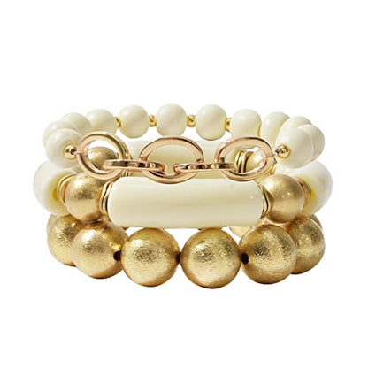 LALAPPLE Gold Plated Beaded Acrylic Bamboo Tube Bangle Bracelets for Women, Colorful Chunky Curved Tube With Gold Plated Pieces Beads Stretch Bracelet Friendship Summer Beach Jewelry - color: A-Ivory-gold beaded 3pcs