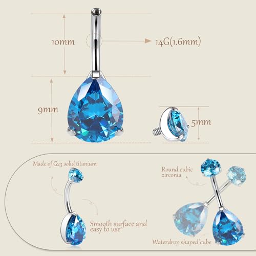 AROWRO Gold Belly Button Ring G23 Titanium Hypoallergenic 14G belly ring for Women Men Teardrop Navel Piercing Jewelry 10mm Barbell With Cubic Zircon - color: Silver+Teardrop Blue CZ