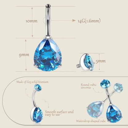 AROWRO Gold Belly Button Ring G23 Titanium Hypoallergenic 14G belly ring for Women Men Teardrop Navel Piercing Jewelry 10mm Barbell With Cubic Zircon - color: Silver+Teardrop Blue CZ