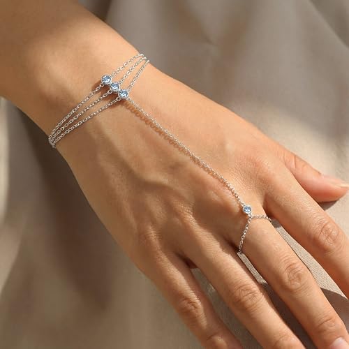 925 Sterling Silver Hand Chain Bracelet for Women | 14k Gold Plated CZ Crystal Heart Starburst Ring Bracelets Hand Chain Diamond Layered Stackable Link Chain Beach Jewelry Gifts - color: Silver