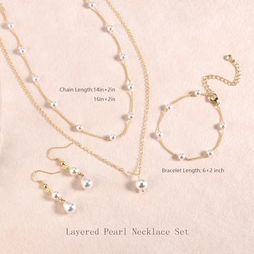 DIBOLA Gold Jewelry Set for Women, Dainty Layered 14K Gold/Silver Pearl Choker Necklaces and Earring Set Pearl Earrings Bracelets Wedding Bride Jewelry - color: 2 pearl earrings jewelry set-gold