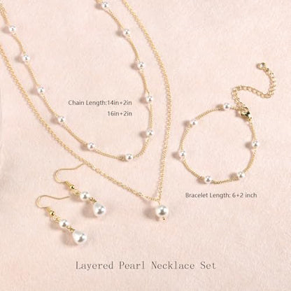 DIBOLA Gold Jewelry Set for Women, Dainty Layered 14K Gold/Silver Pearl Choker Necklaces and Earring Set Pearl Earrings Bracelets Wedding Bride Jewelry - color: 2 pearl earrings jewelry set-gold