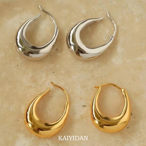 2 Pairs Gold/Silver Hoop Earrings For Women Set Trendy,14K Plated Gold Chunky Huggie Hoop Earings Pack,Oval Twisted Statement Silver Hoops,Fashion Jewelry Gift - color: 17) small chunky oval hoops