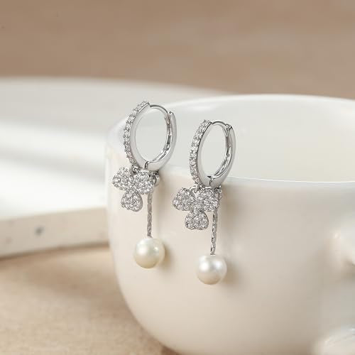 Crysdue Simulated Pearl Earrings for Women, Dainty Silver/Gold/Rose Gold Plated Cubic Zirconia Drop Dangle Earrings Wedding Jewelry for Bride Bridesmaid - style: B_CZ+Pearl, Silver