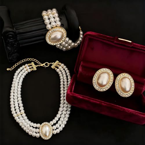 SukAmi Pearl Pendant Necklace Earrings Set 3 Layered White Pearl Jewelry Set Wedding Women Faux Pearl Necklace Multi Strands Choker
