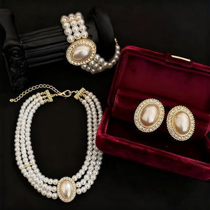 SukAmi Pearl Pendant Necklace Earrings Set 3 Layered White Pearl Jewelry Set Wedding Women Faux Pearl Necklace Multi Strands Choker