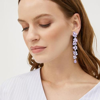 Crysdue Clip On Earrings for Women Rhinestone Crystal Teardrop Cluster Wedding Bridal Non Pierced Long Dangle Earring for Prom Party - color: Light Purple Silver-Tone