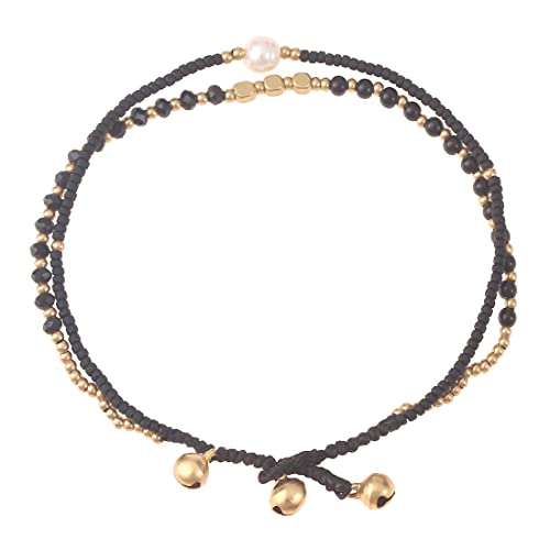 Made by Nami Boho Surfer Anklet Waterproof & Adjustable Beaded Anklets for Women Beachy Ankle Bracelet Made from Waxed Cotton Rope and Beads for Summer and Hippie Style - color: Black Pearl