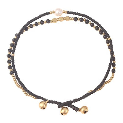 Made by Nami Boho Surfer Anklet Waterproof & Adjustable Beaded Anklets for Women Beachy Ankle Bracelet Made from Waxed Cotton Rope and Beads for Summer and Hippie Style - color: Black Pearl