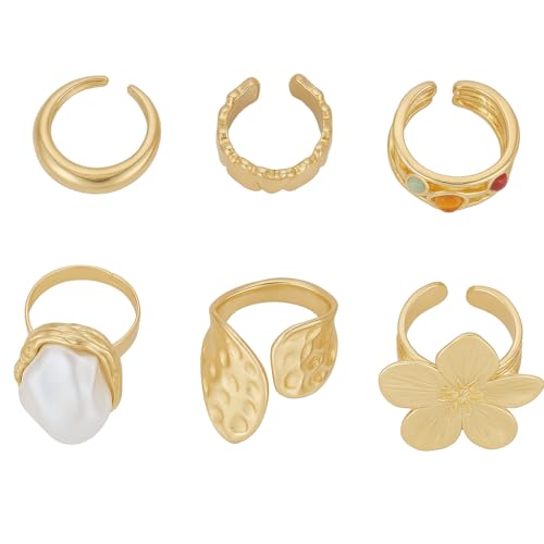 Gold Rings Set for Women 6Pcs Adjustable Open Band Rings Pack with Pearl Flower Leaf Textured Gem Design Alloy Stackable Chunky Statement Jewelry