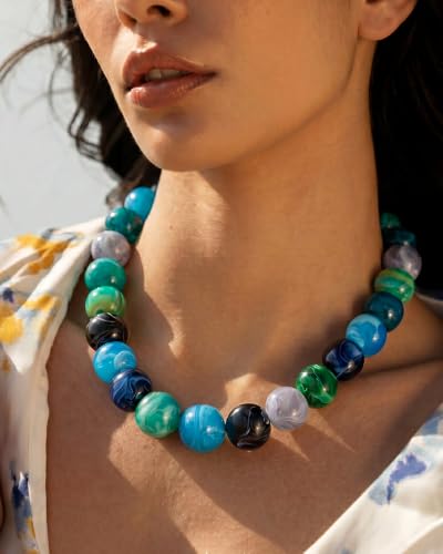 Chunky Beaded Choker Necklace for Women Boho Statement Necklace with Large Pearl Blue Brown Tone Resin Beads Summer Beach Jewelry Gifts - color: Blue-A