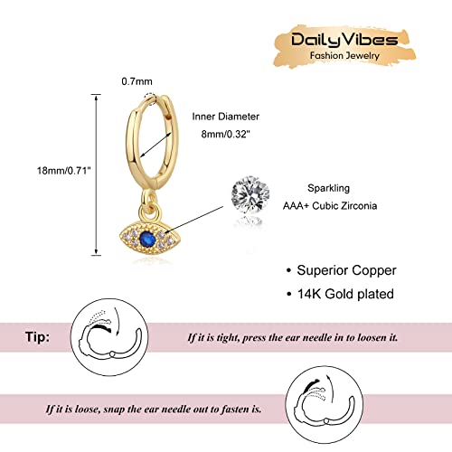 DAILY VIBES Cute Gold Mini Dangle Huggie Hoop Earrings for Women Trendy | 14K Gold Plated, Dainty Cubic Zirconia, Small Hoop Earrings with Charm Drop, Jewelry Gift for Women Ladies - color: Evil Eye CZ