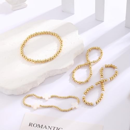 Cuzmly Bracelets for Women, Waterproof 14K Gold/Silver Plated Stackable Bracelets for Women Non Tarnish Trendy Dainty Paperclip Figaro Box Herringbone Hand Chain Bracelet Pack Stack Adjustable Jewelry for Women - style: 4 Beaded Cross