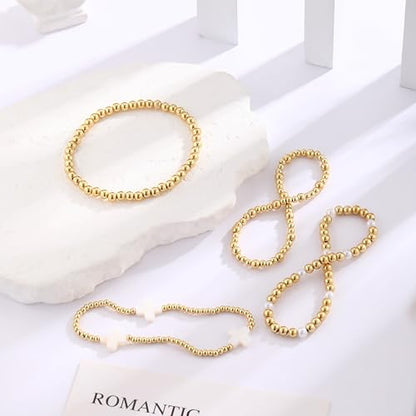 Cuzmly Bracelets for Women, Waterproof 14K Gold/Silver Plated Stackable Bracelets for Women Non Tarnish Trendy Dainty Paperclip Figaro Box Herringbone Hand Chain Bracelet Pack Stack Adjustable Jewelry for Women - style: 4 Beaded Cross