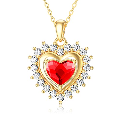 SISGEM 14K Real Gold Heart Necklace for Women,Yellow Gold Love Pendant Necklace Triple Hearts Jewerly Gifts for Birthday Anniversary 16+1+1 inch - color: Heart-Red Crystal