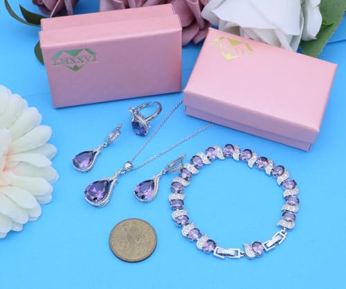 LMXXVJ Jewelry Set for Women,Teardrop Cubic Zirconia Necklace Earrings Adjustable Ring Bracelet Jewelry Set Formal Jewelry Gift - color: ZYSD-White Gold-Purple