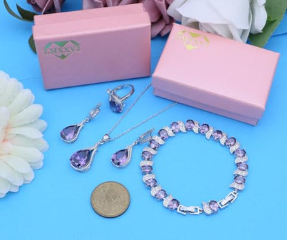 LMXXVJ Jewelry Set for Women,Teardrop Cubic Zirconia Necklace Earrings Adjustable Ring Bracelet Jewelry Set Formal Jewelry Gift - color: ZYSD-White Gold-Purple