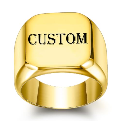 Stainless Steel Square Signet Rings for Men Women Gold/Silver Plain Pinky Thumb Ring, Gift for Dad Husband - color: Square Gold-Custom