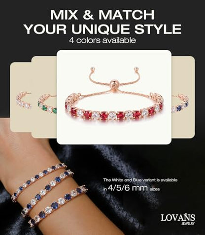 Lovans 14K Gold Plated Tennis Bracelets,White/Yellow/Rose Gold-plated Adjustable Cubic Zirconia Tennis Bracelet for Women - color: Rose Gold, size: 4MM Red