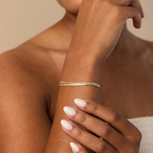 SLOONG 14K Gold Plated Pearl Bracelets for Women Trendy | Dainty Stackable Layered Chain Bridesmaid Bracelets, Waterproof Wedding Jewelry for Women Adjustable 6"+2" - color: Style6(Snake Chain)