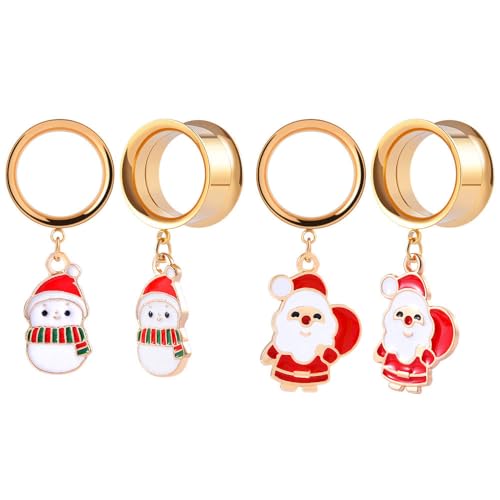 ERKUOO 4PCS Christmas Ear Tunnels Set Stainless Steel Double Flare Gold Tone Plug Gauges with Santa Snowman Reindeer Candy Cane Dangle Charms Holiday Stretching Jewelry Gift for Women Men 6mm-25mm - color: Snowman & Santa Set, size: 8mm