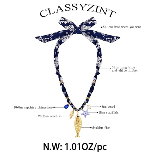 CLASSYZINT Scarf Necklace with Charms Heart Choker Necklace Shell Necklace Bandana Necklac Statement Choker Jewelry - color: Blue Fish Pendant