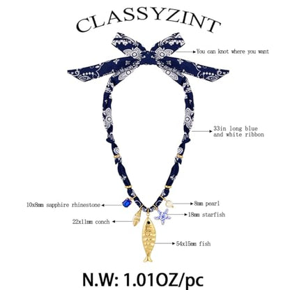CLASSYZINT Scarf Necklace with Charms Heart Choker Necklace Shell Necklace Bandana Necklac Statement Choker Jewelry - color: Blue Fish Pendant