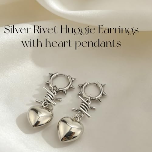 Punk Silver Heart Dangle Earrings with Spiked Huggie, Stainless Steel Gothic Spiky Hoop Earrings, Emo Y2K Edgy Jewelry for Women Streetwear Gift