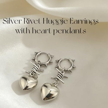 Punk Silver Heart Dangle Earrings with Spiked Huggie, Stainless Steel Gothic Spiky Hoop Earrings, Emo Y2K Edgy Jewelry for Women Streetwear Gift