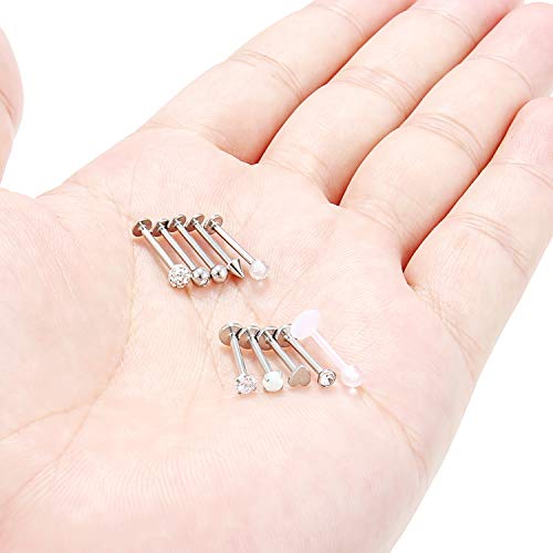 10pcs 16g 316L Stainless Steel Lip Ring 3mm Cubic Zirconia Labret Studs Monroe Cartilage Tragus Helix Earring Piercing Jewelry 8mm Bar Length for Women Men - color: 16g/10pcs/silver-tone