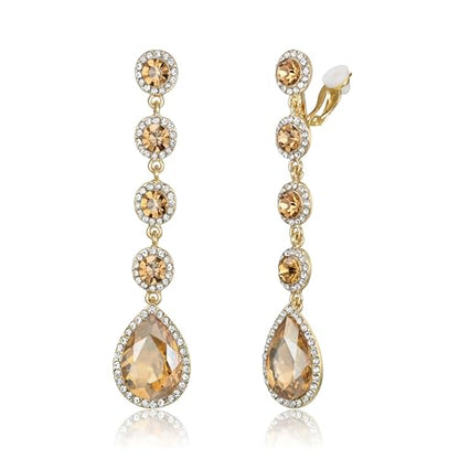 EleQueen Women's Wedding Crystal Teardrop Pear Shape 3 Inch Clip on Long Dangle Earrings for Bride Bridesmaid, Jewelry for Party Prom/Anniversary - color: Brown Silver-Tone