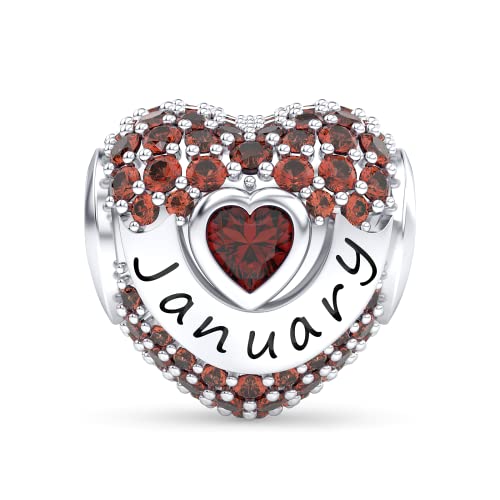 Birthstone Charms Love Heart Openwork Bead Charm for Women Bracelets and Necklaces 925 Sterling Silver with 5A Cubic Zirconia,Jewelry Gifts Women - color: January Birthstone Charms