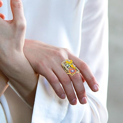Big Enamel Flower Leaf Full Finger Ring,14K Gold Plated Cocktail Party Statement Ring for Women
