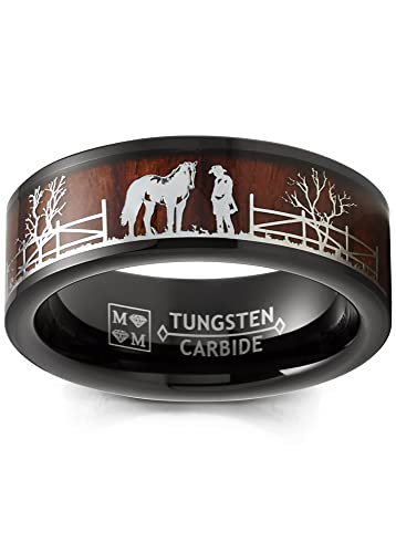 Metal Masters Men's Co. Black Tungsten Hunting Ring Wedding Band Wood Inlay Deer Stag Silhouette - color: Rancher & Horse