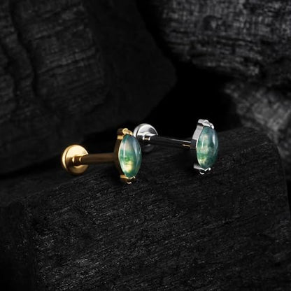 1PC ASTM F136 Titanium Piercing Jewelry for Tragus Conch Helix Flat Labret 18G 6mm 8mm, Cartilage Earring Flatback Stud - color: Moss Agate Marquise - Tit