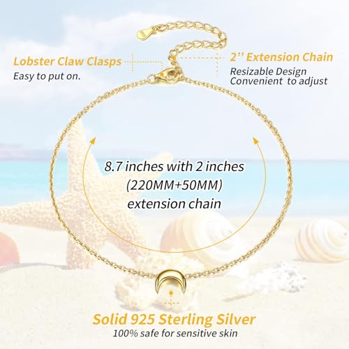 ChicSilver Personalized 925 Sterling Silver Tiny Heart/Moon/Star/Sun/Dot/Triangle Anklets Simple Dainty Foot Jewelry for Women, Silver/Gold Plated/Rose Gold Plated - style: Gold Moon