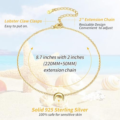 ChicSilver Personalized 925 Sterling Silver Tiny Heart/Moon/Star/Sun/Dot/Triangle Anklets Simple Dainty Foot Jewelry for Women, Silver/Gold Plated/Rose Gold Plated - style: Gold Moon
