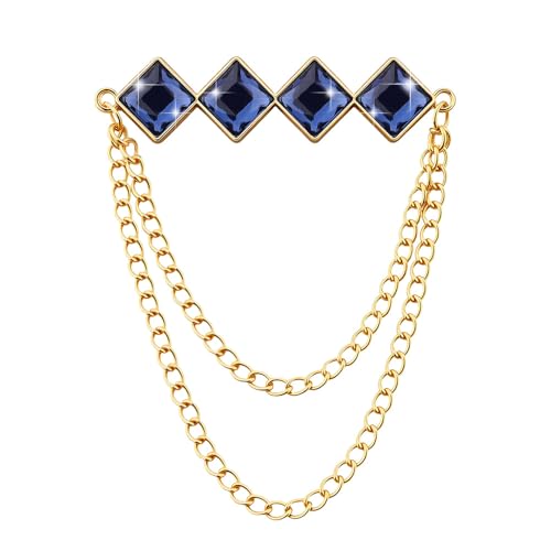 Gem Brooch Pins Hanging Chain Lapel Pin for Men Suits Metal Tassel Chain Collar Pins Suit Brooch Vintage Crystal Rhinestone Brooches for Men Wedding Business Prom Party - color: Navy Blue