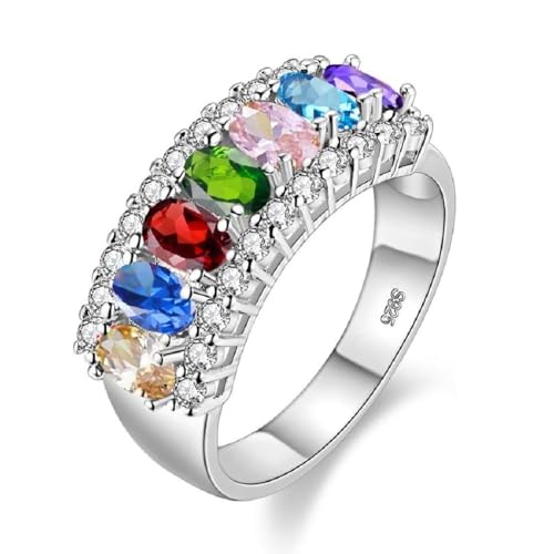 Uloveido Beautiful Women's 7 Stones Wedding Band Oval Cubic Zirconia Engagement Anniversary Rings J501 - color: Platinum-Rainbow