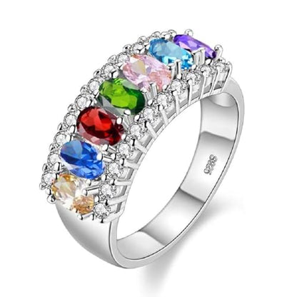 Uloveido Beautiful Women's 7 Stones Wedding Band Oval Cubic Zirconia Engagement Anniversary Rings J501 - color: Platinum-Rainbow