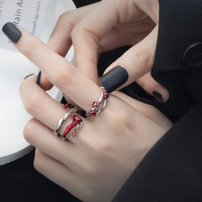 Copper Alloy White Gold Plated Red Rose Shaped Resin Art Gem Ring Set Open Adjustable Stackable Romantic Unique Design Multi-Finger Rings for Women with Premium Gift Box - color: B