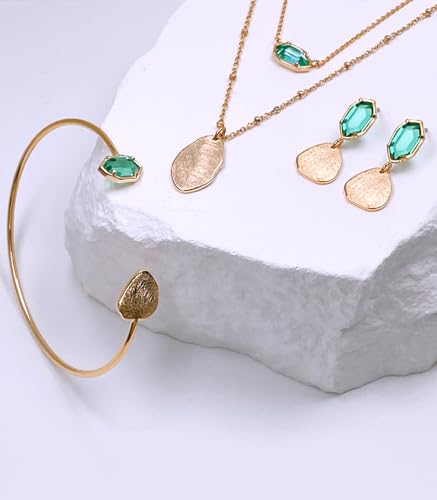 OZEL – Women’s Gold Cuff Bracelets – 18K Gold Plated Textured Bangles with Multi-Color Crystal & Rhinestone Accents – Layered Stacking Jewelry - color: Green