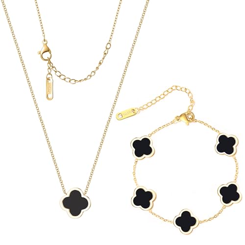 Delicacy Clover Bracelets Necklace Set:Clover Necklaces Clover Bracelet Women Link Bracelets Cute Gold Jewelry - color: Black-Gold